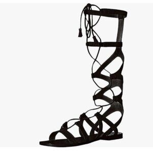 YDN Black Sexy Knee High Lace up Flats Fringe Low Heel Gladiator Strap Sandals
